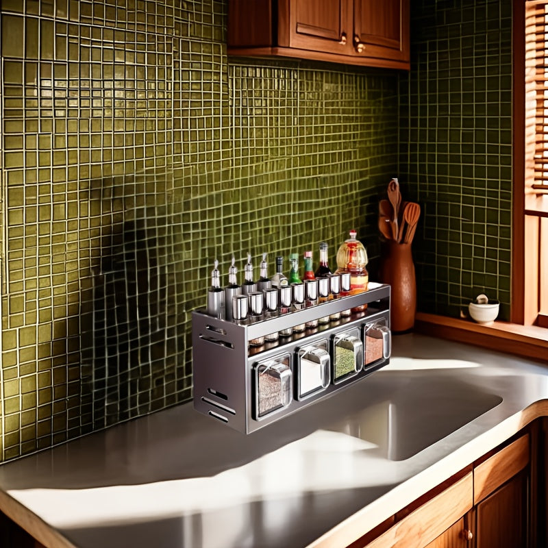 Wall-Mounted Aluminum Spice Rack with Clear Jars-3