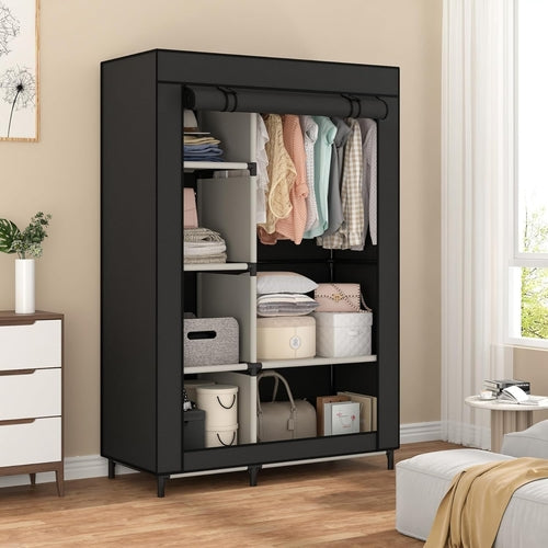 Portable Closet Organizer Black With 6 Shelves And Rod