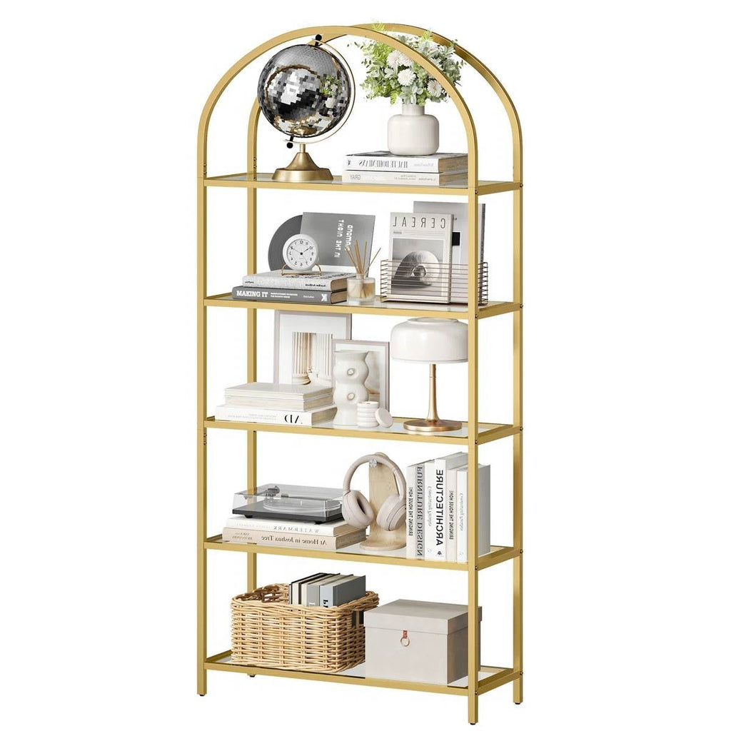 Modern Gold Arched Display Rack with Five Glass Shelves-0