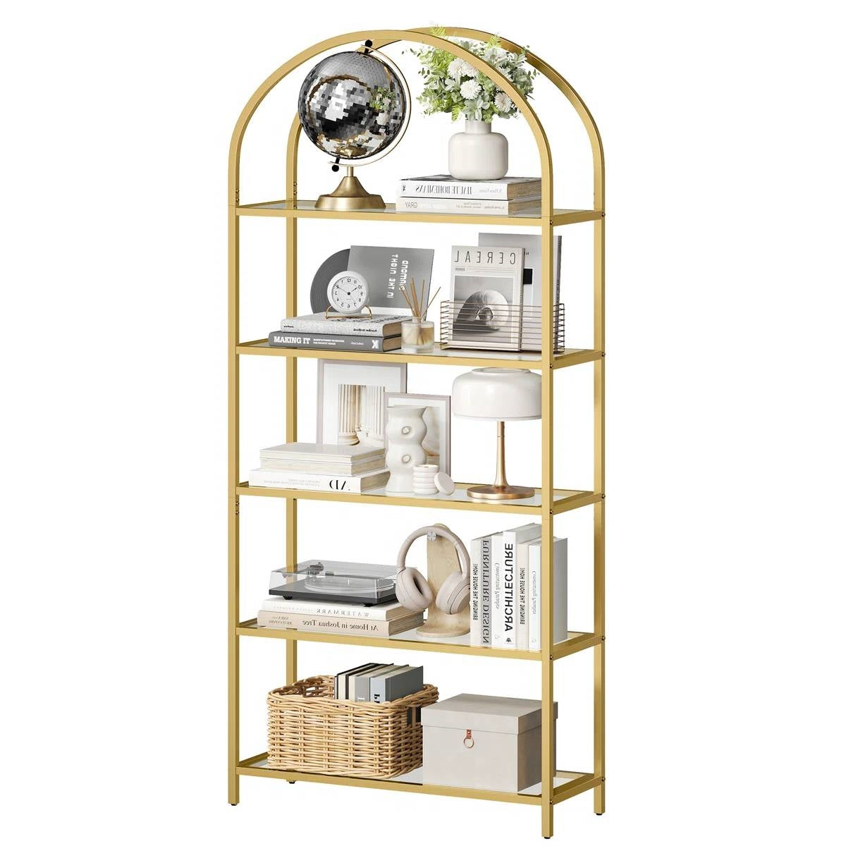 Modern Gold Arched Display Rack with Five Glass Shelves-0