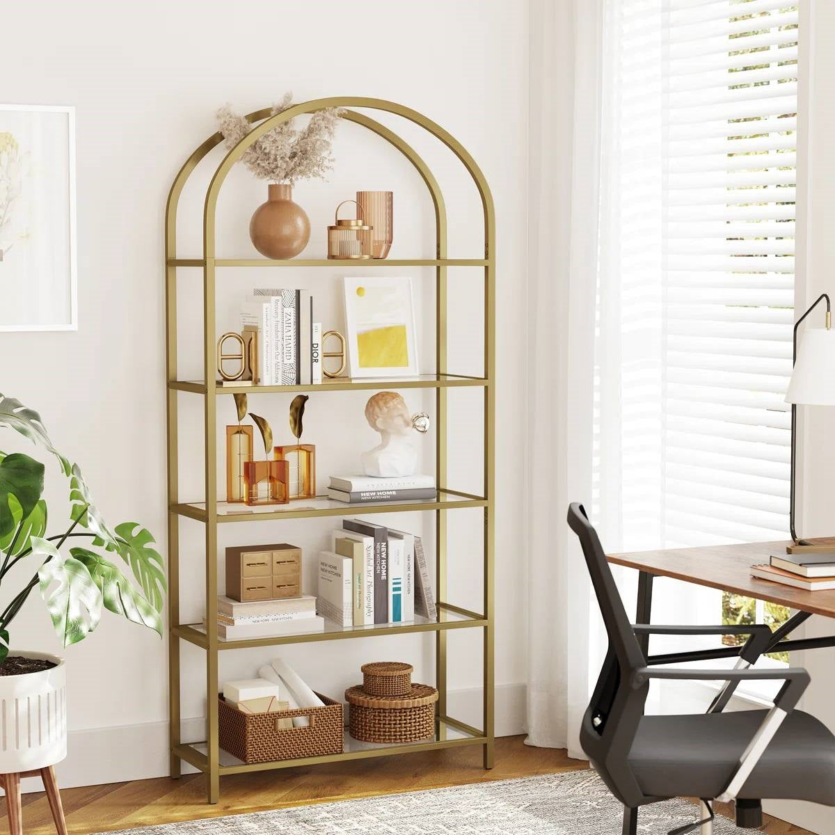 Modern Gold Arched Display Rack with Five Glass Shelves-1