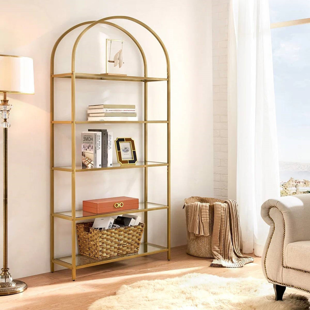 Modern Gold Arched Display Rack with Five Glass Shelves-2