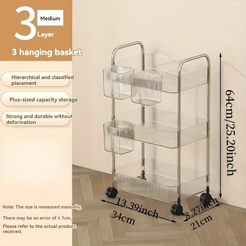 3 Tier Clear Storage Cart with Wheels - Multifunctional Rolling