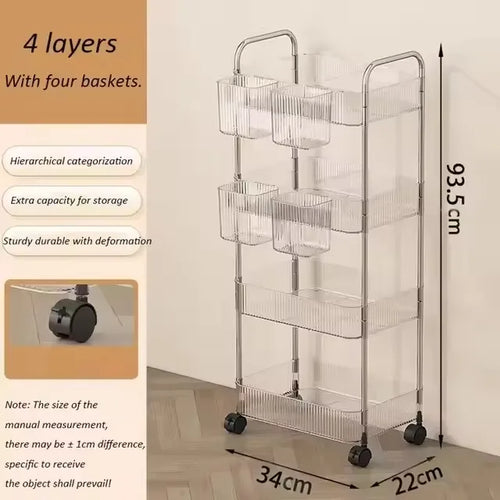 3 Layers Transparent Storage Rack Trolley Acrylic Rolling Cart