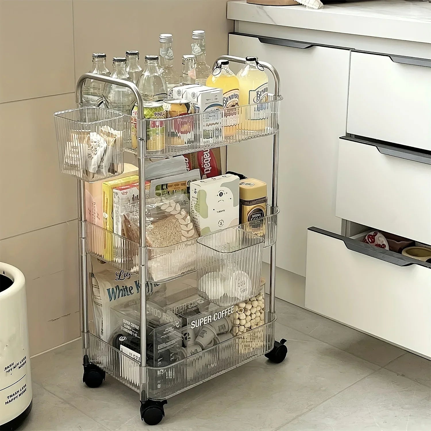 3 Tier Clear Storage Cart with Wheels - Multifunctional Rolling