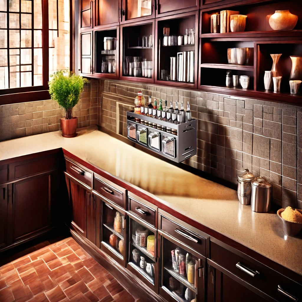 Wall-Mounted Aluminum Spice Rack with Clear Jars-2