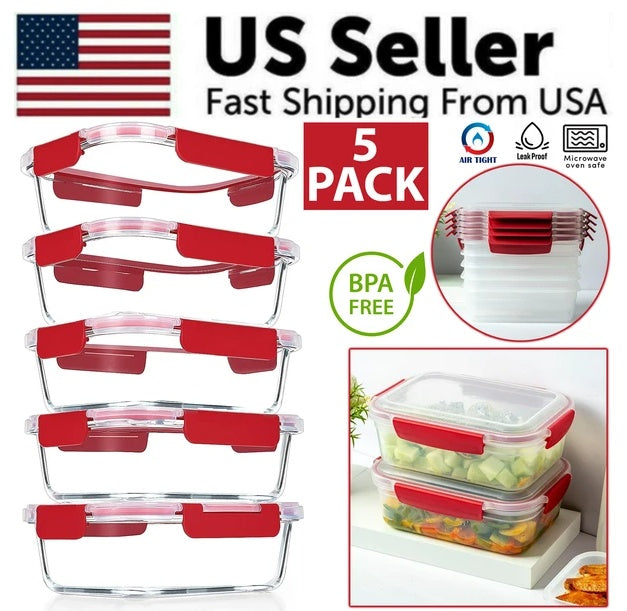 5 Pack Stackable Food Storage Containers Airtight & Leakproof Set Snap Lock Lids