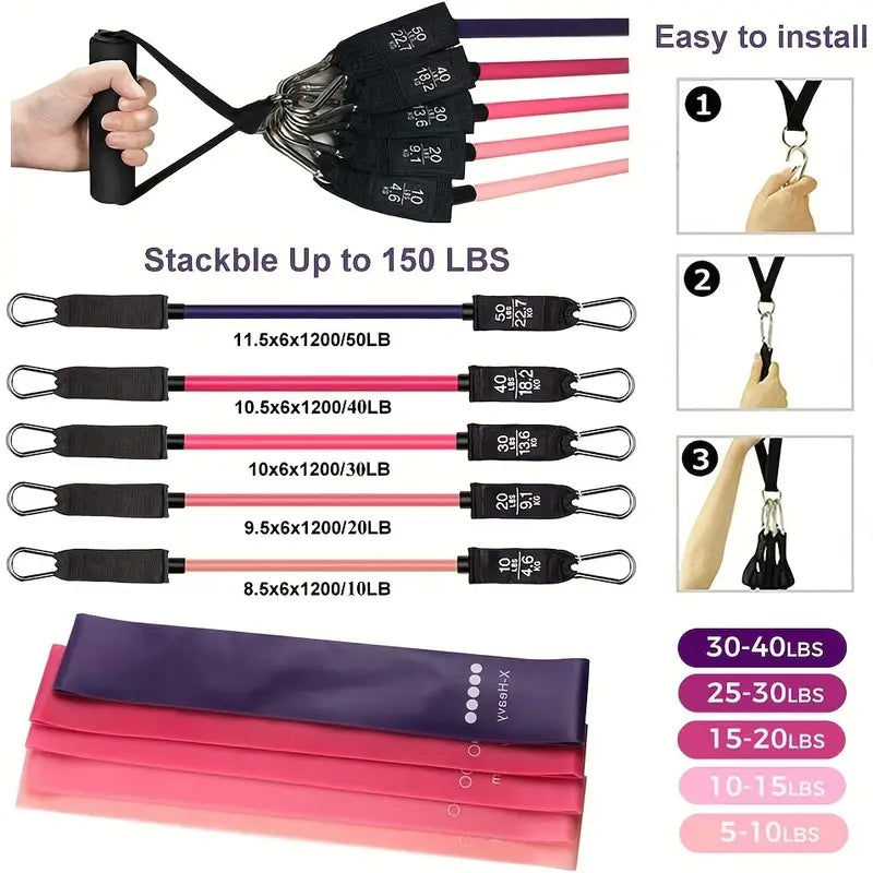 Fitness Resistance Bands Set – 17 Pieces, Medium Tension