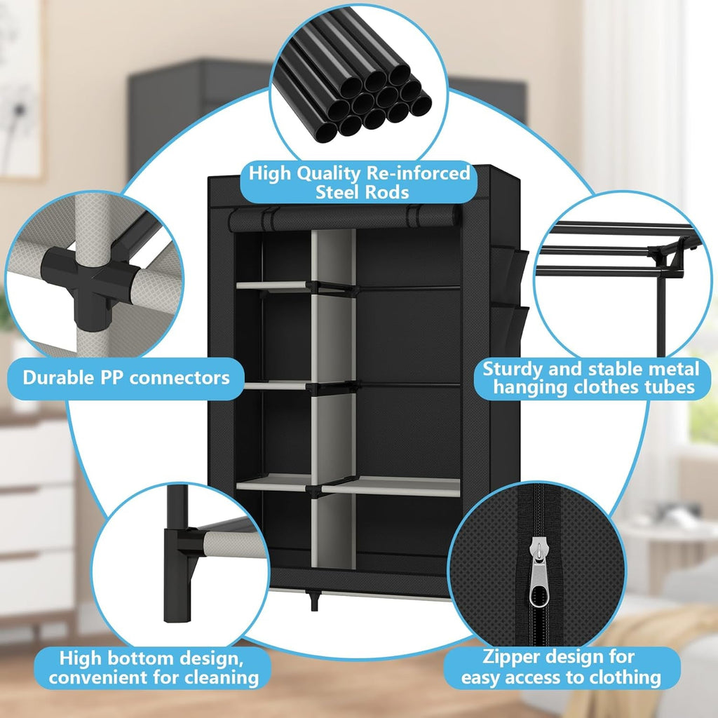 Portable Closet Organizer Black With 6 Shelves And Rod