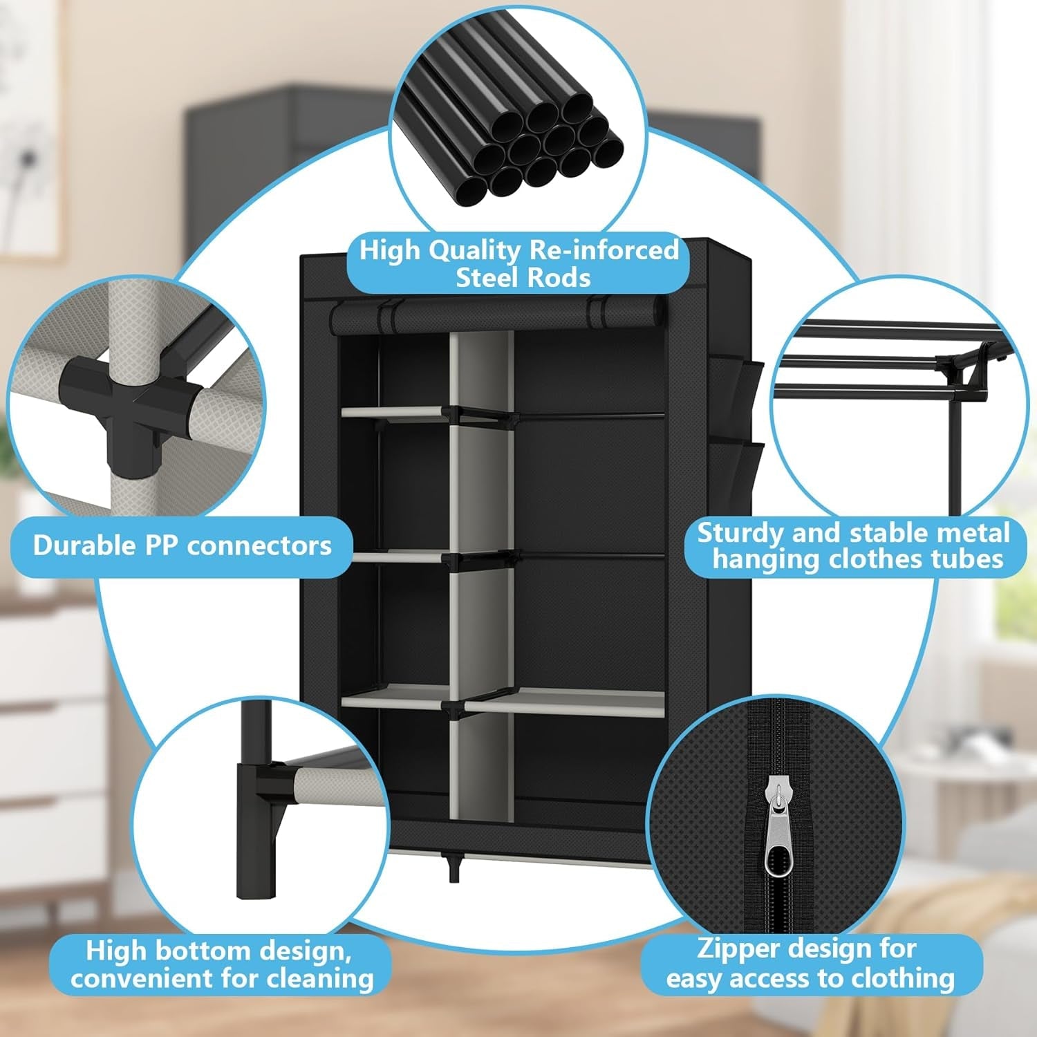Portable Closet Organizer Black With 6 Shelves And Rod